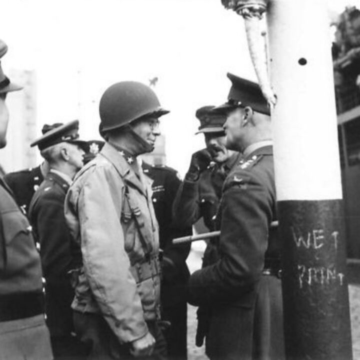 Major General Walter Melville Robertson (General in Command U.S.A. Division) in conversation with Colonel Alexander Smith Turnham O.B.E., and Colonel E.G.H. Clarke M.C. in Belfast.