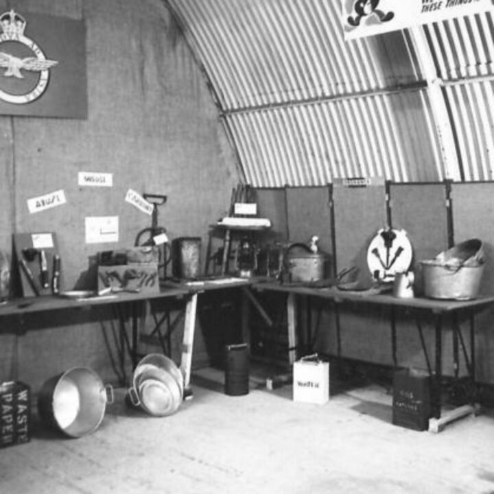 An exhibit stand of metal stores at an Army Salvage Exhibition in Northern Ireland photographed for O.S.12 War Office.