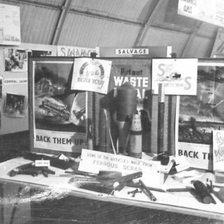 An exhibit stand of articles made from ferrous scrap at an Army Salvage Exhibition in Northern Ireland photographed for O.S.12 War Office.