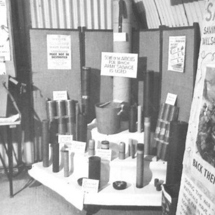 An exhibit stand of articles for which salvage is used at an Army Salvage Exhibition in Northern Ireland photographed for O.S.12 War Office.