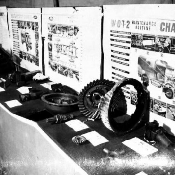 An exhibit stand of a crank shaft at an Army Salvage Exhibition in Northern Ireland photographed for O.S.12 War Office.