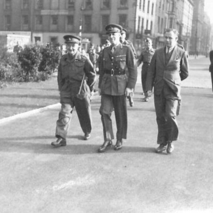 Colonel William Duff Gibbon D.S.O., M.C., M.A. (Cadet Colonel Commandant), Major General Lord Bridgeman D.S.O., M.C. (Director General of the Home Guard), and Mr. D.H. Alexander (Headmaster of Belfast Technical College) ahead of an inspection of Army Cadet Force units at the Royal Belfast Academical Institution.