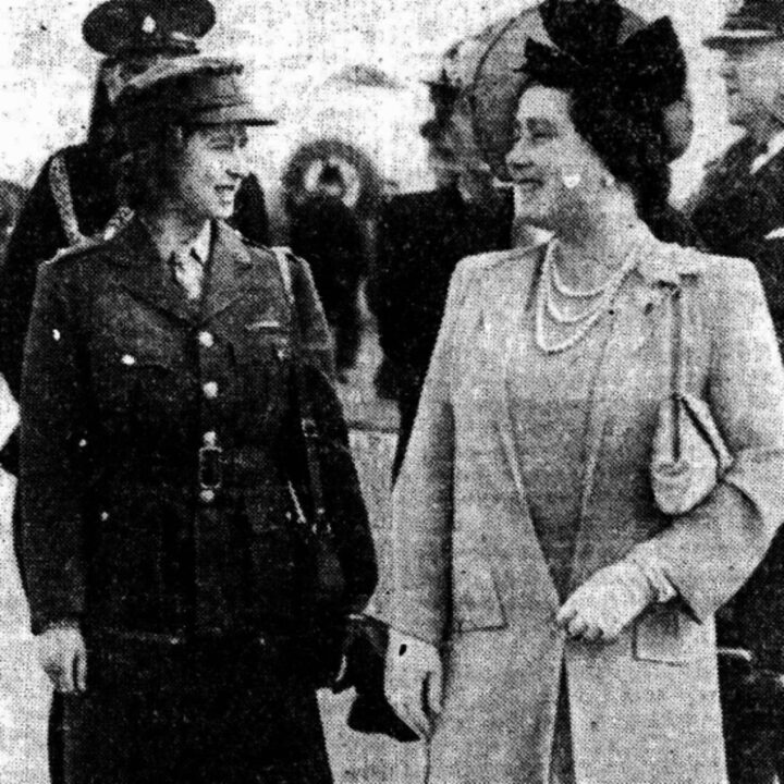Her Majesty the Queen and 18-year-old Princess Elizabeth smile after landing at Long Kesh Airfield, Co. Antrim. Photo taken on 17th July 1945.