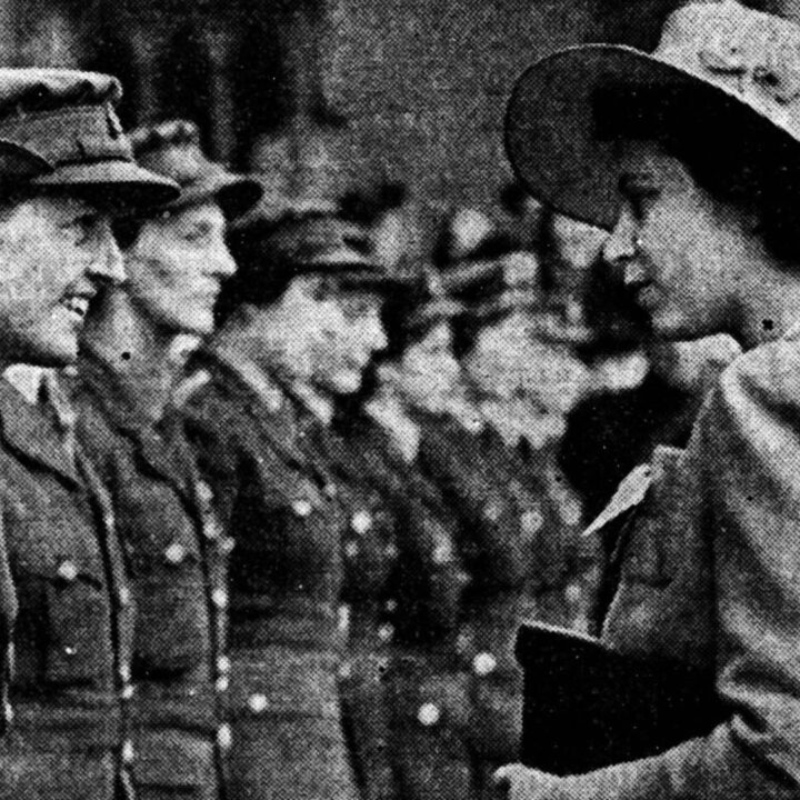 Princess Elizabeth meets with members of the women's services at Queen's University, Belfast. Photo taken on 18th July 1945.