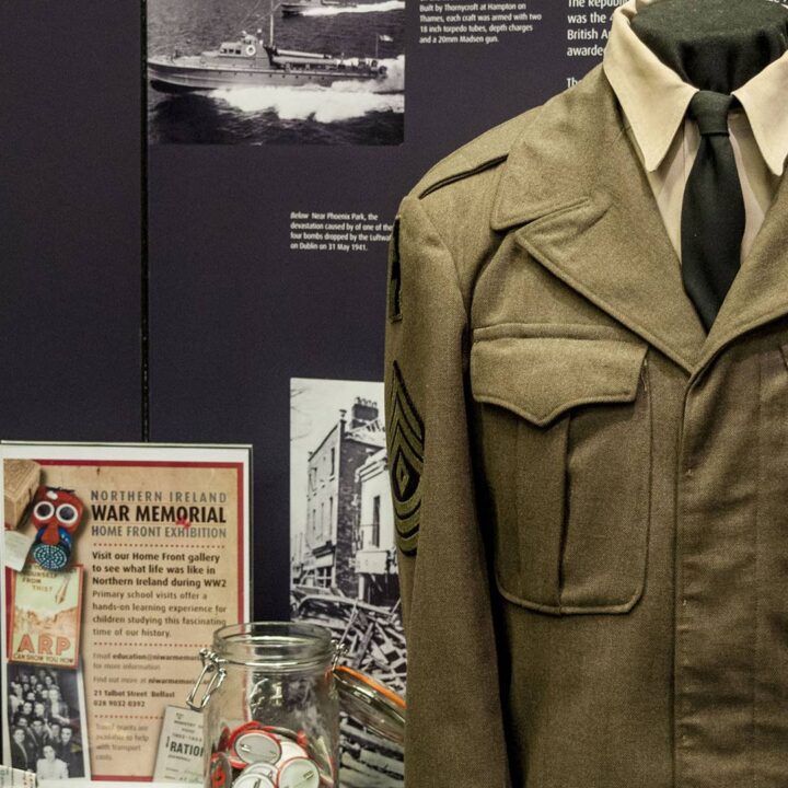 Artefacts including artwork, uniforms, and heritage items on display at the Northern Ireland War Memorial's Belfast Blitz 75 event as part of Culture Night Belfast 2016.