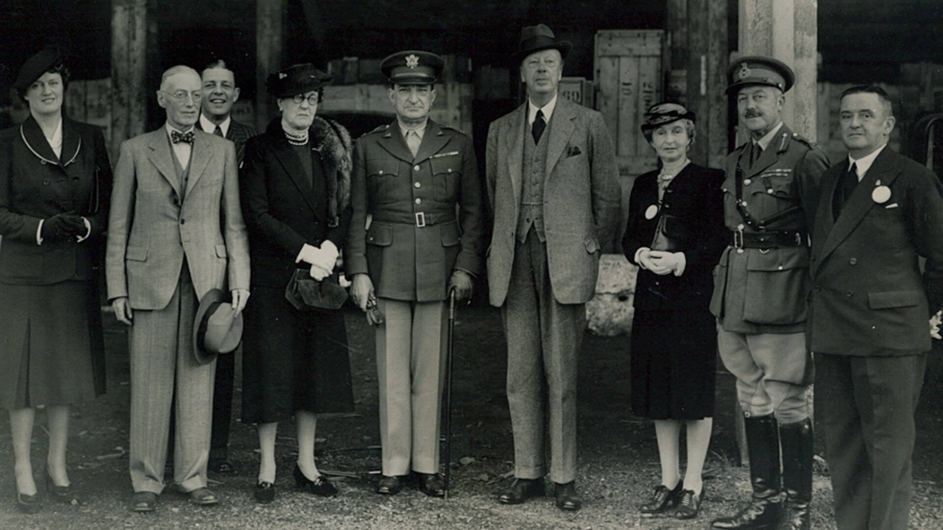 Major General Russell P. Hartle of the United States Army with the Duke and Duchess of Abercorn (Governor of Northern Ireland) and other senior politicians in Northern Ireland.