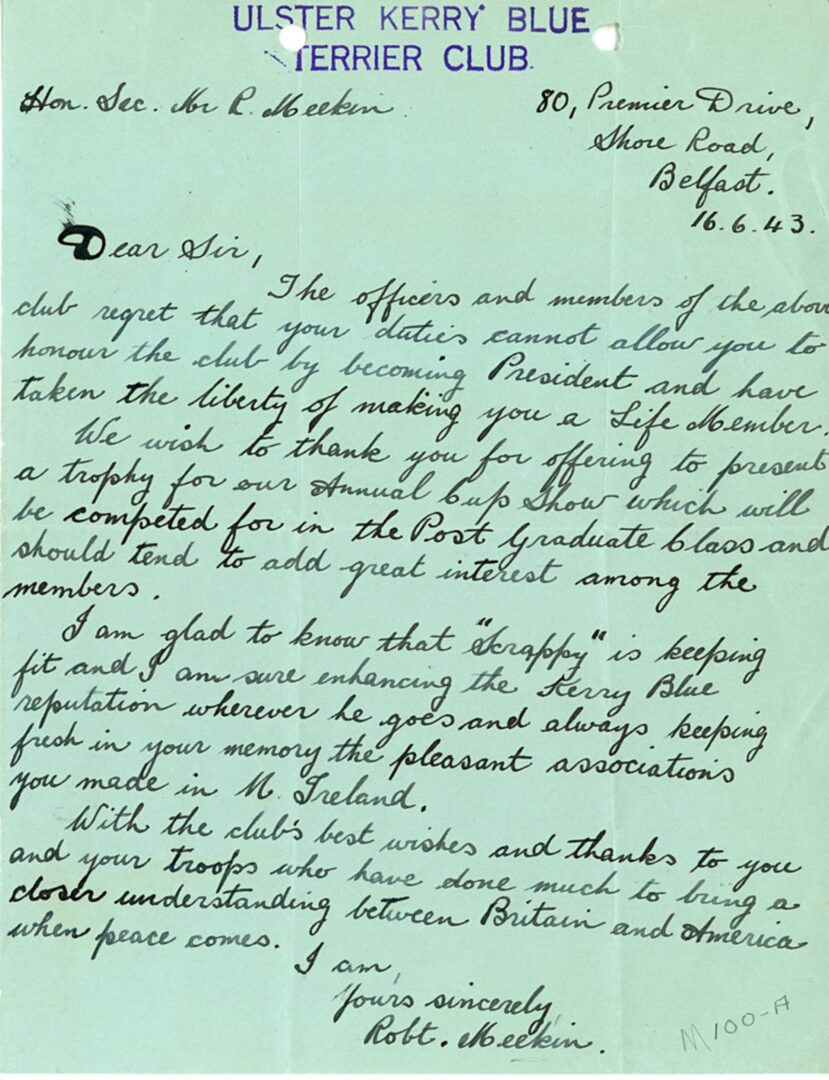 A letter from Robert Meekin Esquire, Honorary Secretary of the Ulster Kerry Blue Terrier Club to Major General Russell P. Hartle of the United States Army.