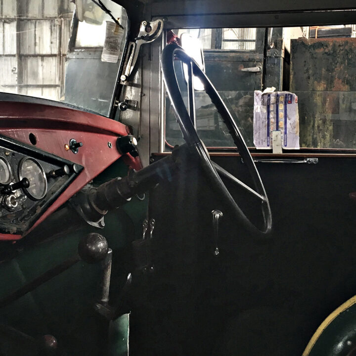 Interior of a 1938 Dennis fire engine during its brief time at Ulster Aviation Society, Maze, Co. Down. The engine that saw service with the Lisburn Fire Brigade during the Second World War is part of the permanent collection of the Irish Linen Centre and Lisburn Museum.