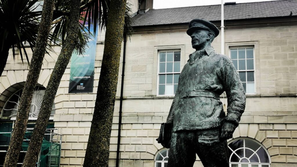 The statue of Lieutenant Colonel Robert Blair "Paddy" Mayne D.S.O., founding member of the Special Air Service (S.A.S.) stands in Conway Square, Newtownards, Co. Down.