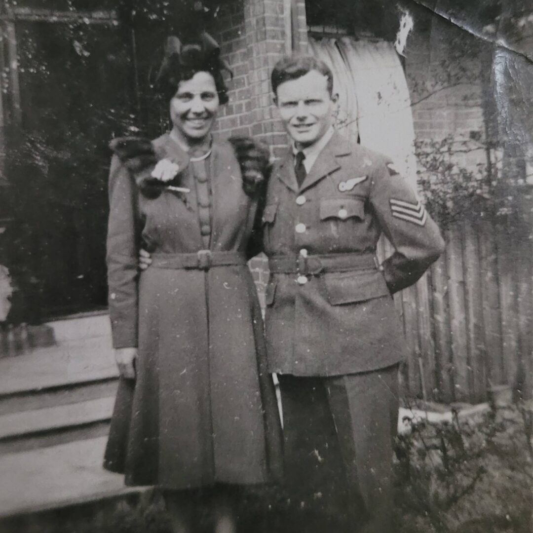 Flight Sergeant Cyril Johnson Crozier of Derry~Londonderry photographed with Meta Wilson on their wedding day in Bangor, Co. Down.