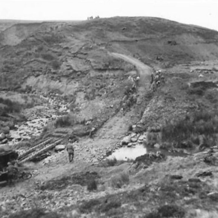 Members of the 61st Divisional Engineers cutting a new road through the Sperrin Mountains at Templemoyle, south of Dungiven, Co. Londonderry. Commencement of the mountain road.