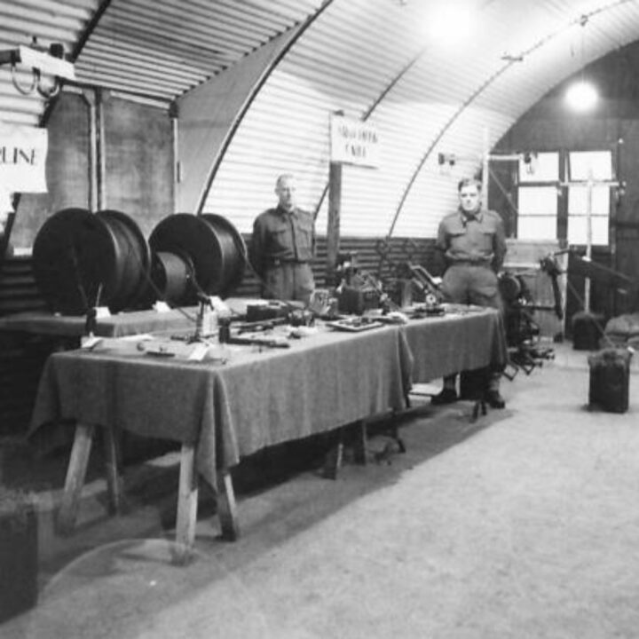 A display stand relating to the activities of army airline and field cable sections. This picture is part of a series taken at a Signal Corps Exhibition in Lisburn, Co. Antrim.