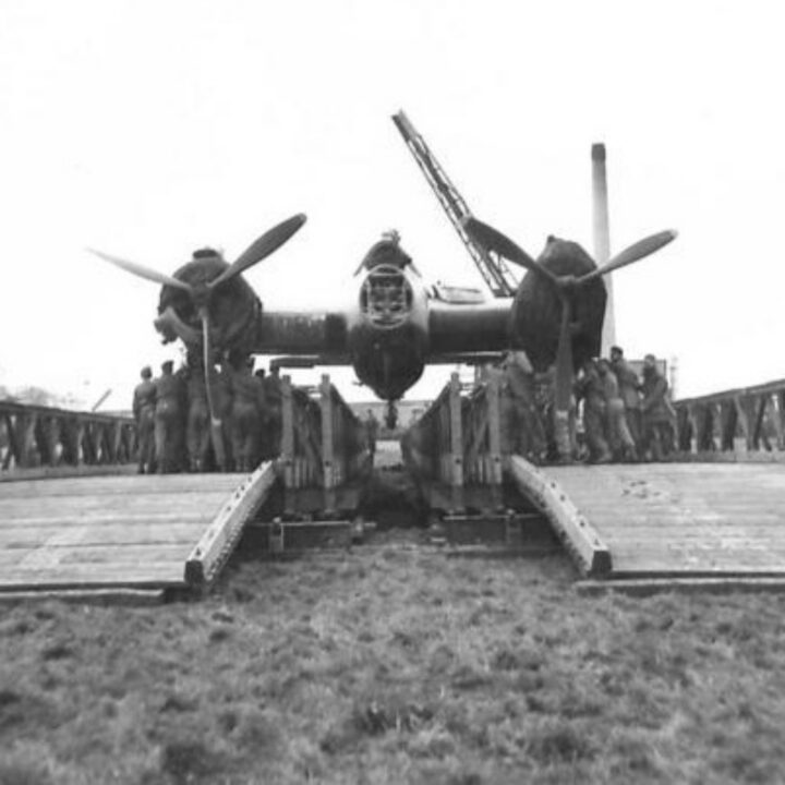 An exercise using a pair of Bailey Bridges constructed by Royal Engineers showed how to salvage a plane - in this case a Bristol Beaufighter - over the River Strule near Omagh, Co. Tyrone.