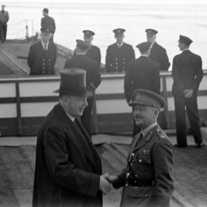 The Duke of Abercorn (Governor of Northern Ireland) greets Major-General Vivian Henry Bruce Majendie (General Officer Commanding Northern Ireland District) at Musgrave Channel, Belfast.