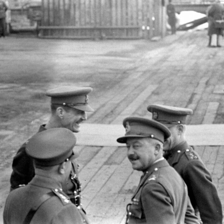 Senior British military officers including Brigadier E.J. Murphy and Major-General Vivian Henry Bruce Majendie (General Officer Commanding Northern Ireland District) at Musgrave Channel, Belfast.