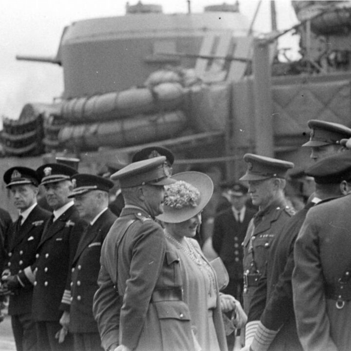 Queen Elizabeth speaks with senior military officers and dignitaries at Musgrave Channel, Belfast.