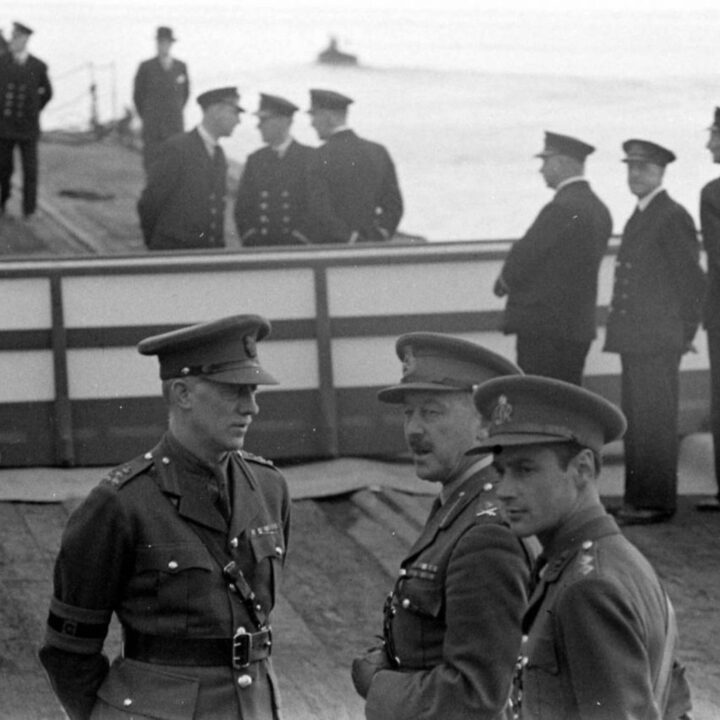 Senior military officers including Major-General Vivian Henry Bruce Majendie (General Officer Commanding Northern Ireland District) and Brigadier E.J. Murphy at Musgrave Channel, Belfast.
