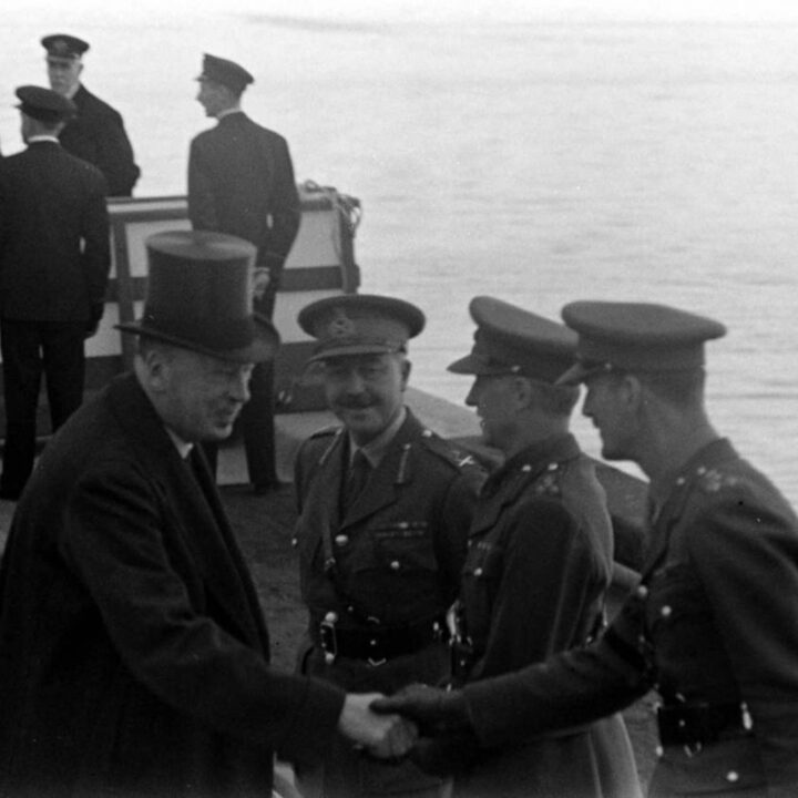 The Duke of Abercorn (Governor of Northern Ireland) greets Brigadier E.J. Murphy at Musgrave Channel, Belfast. Also present is Major-General Vivian Henry Bruce Majendie (General Officer Commanding Northern Ireland District).