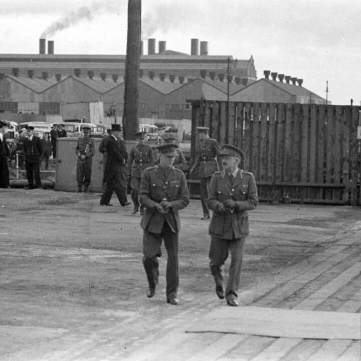 Brigadier E.J. Murphy (left) and Major-General Vivian Henry Bruce Majendie (General Officer Commanding Northern Ireland District) walking together near Musgrave Channel, Belfast.