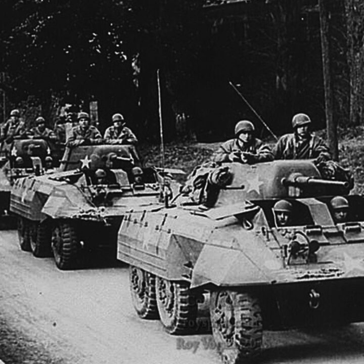 M8 Greyhounds of the U.S. Army's 6th Cavalry Mechanized Division in the grounds of Tandragee Castle, Tandragee, Co. Armagh circa 1943-1944.