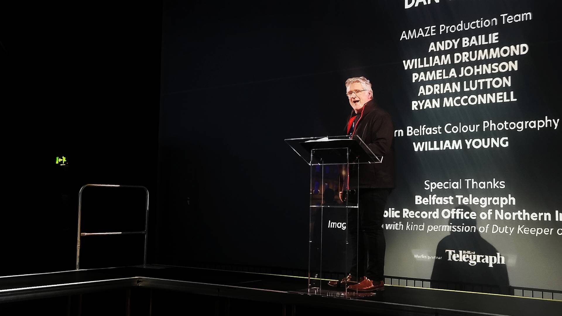 Writer and director Dan Gordon speaking after 'It'll Never Happen Here' at W5 in the Odyssey Pavillion, Belfast. The show was an immersive theatre experience using multimedia to tell the story of the Belfast Blitz.