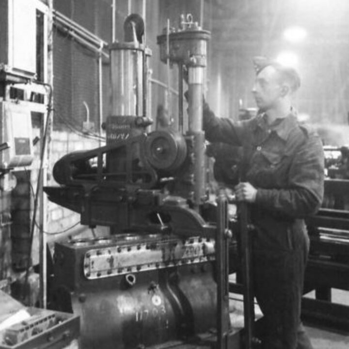 Corporal Hunt of West Henningfield, Essex, England undertaking highly-skilled cylinder reboring at a Royal Electrical and Mechanical Engineers base workshop at Kinnegar Barracks, Holywood, Co. Down.