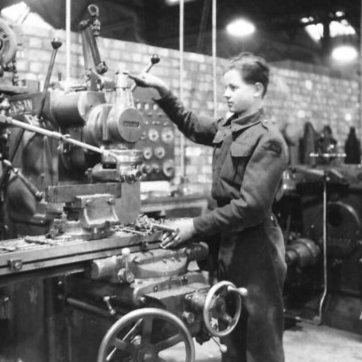 18-year-old Craftsman Pennington of Newtownstewart, Co. Tyrone working as a turner and machinist at a Royal Electrical and Mechanical Engineers base workshop at Kinnegar Barracks, Holywood, Co. Down.