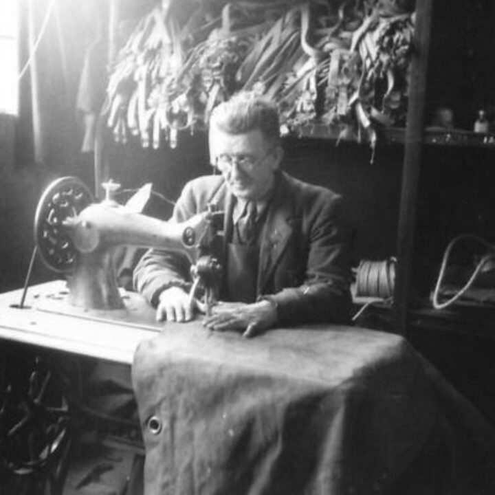 Ex-serviceman Frank Johnston of Bangor, Co. Down stitching gun covers at a Royal Electrical and Mechanical Engineers base workshop at Kinnegar Barracks, Holywood, Co. Down.