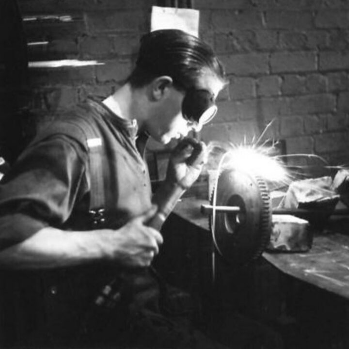 Craftsman S. Shelley of Cowesley near Wolverhampton, England working as an acetylene welder at a Royal Electrical and Mechanical Engineers base workshop at Kinnegar Barracks, Holywood, Co. Down.