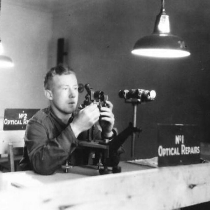 Craftsman Thomson of Jedburgh, Roxburghshire, Scotland testing optical instruments at 3 Non Divisional Engineers, Royal Electrical and Mechanical Engineers base workshop at Gilford, Co. Down.