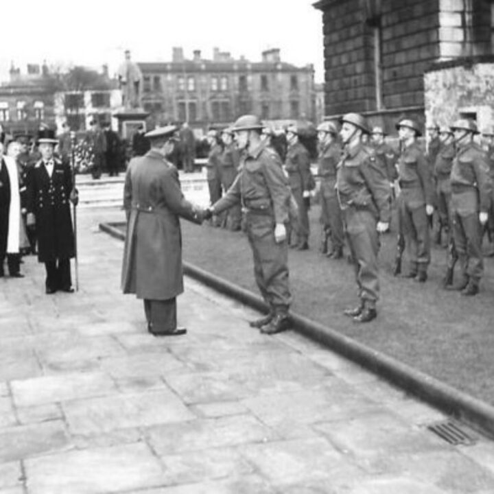General Sergej Ingr (Minister of National Defence and Commander in Chief of Czechoslovakian Forces) shakes hands with a battalion commander of the Gloucestershire Regiment who formed a guard of honour at Belfast City Hall during the visit of M. Jan Masaryk (Deputy Prime Minister of Czechoslovakia) to Northern Ireland.