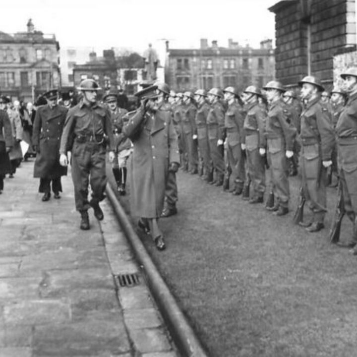 General Sergej Ingr (Minister of National Defence and Commander in Chief of Czechoslovakian Forces) inspects a Gloucestershire Regiment guard of honour at Belfast City Hall during the visit of M. Jan Masaryk (Deputy Prime Minister of Czechoslovakia) to Northern Ireland.