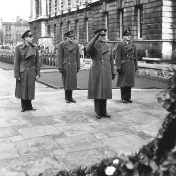 General Sergej Ingr (Minister of National Defence and Commander in Chief of Czechoslovakian Forces) lays a wreath at the Cenotaph at Belfast City Hall during the visit of M. Jan Masaryk (Deputy Prime Minister of Czechoslovakia) to Northern Ireland.