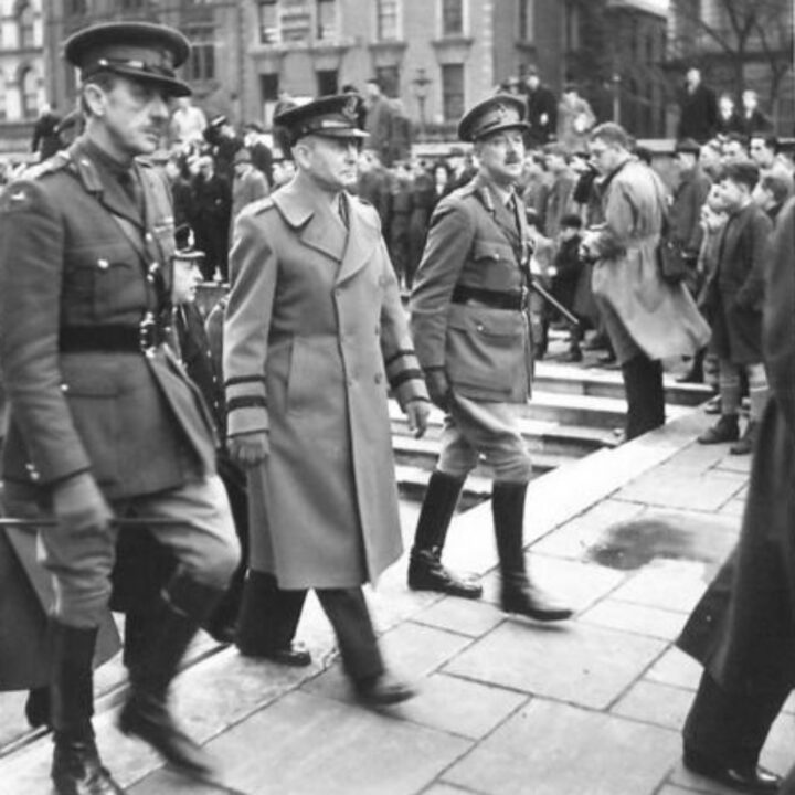 Brigadier P. Hansen, Brigadier General Leroy P. Collins, and Major General Vivian Henry Bruce Majendie (General Officer Commanding Northern Ireland District) at the Cenotaph at Belfast City Hall during the visit of M. Jan Masaryk (Deputy Prime Minister of Czechoslovakia) to Northern Ireland.