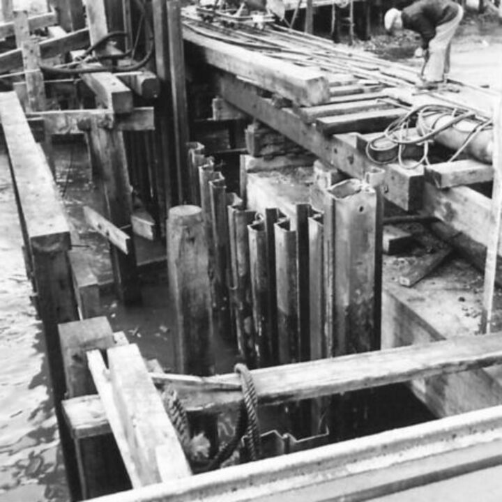 Sheet piling photographed during construction of the jetty at Larne Harbour, Larne, Co. Antrim.