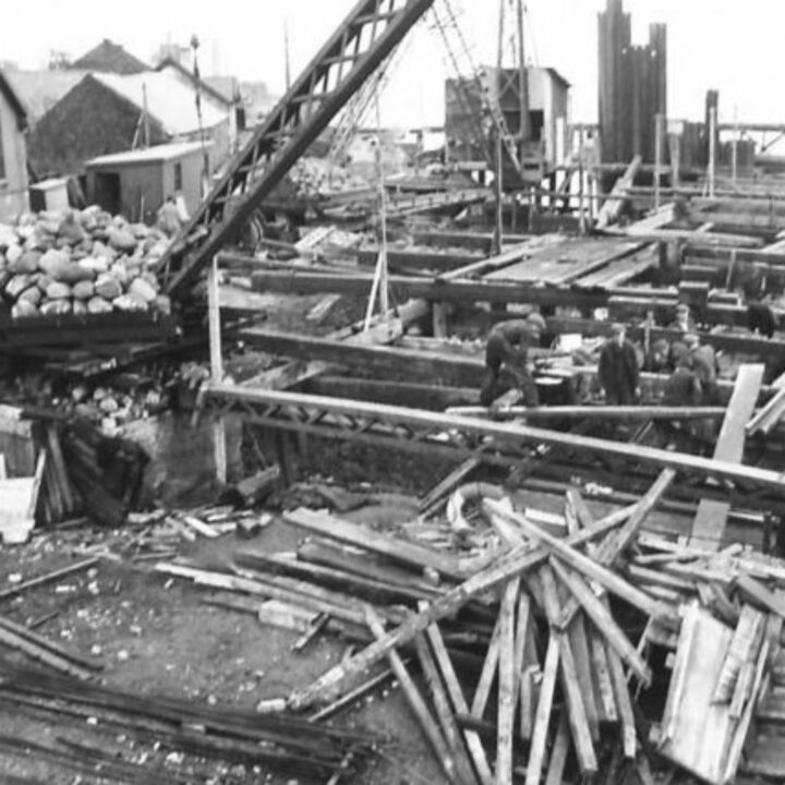 A general overview of the site photographed during construction of the jetty at Larne Harbour, Larne, Co. Antrim.