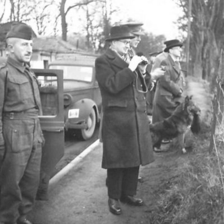 The Right Honourable Sir James Grigg K.C.B., K.C.S.I, P.C. (Secretary of State for War) and Lieutenant-Colonel J.D. Gage-Brown observing training at a British Army Battle School in Northern Ireland.