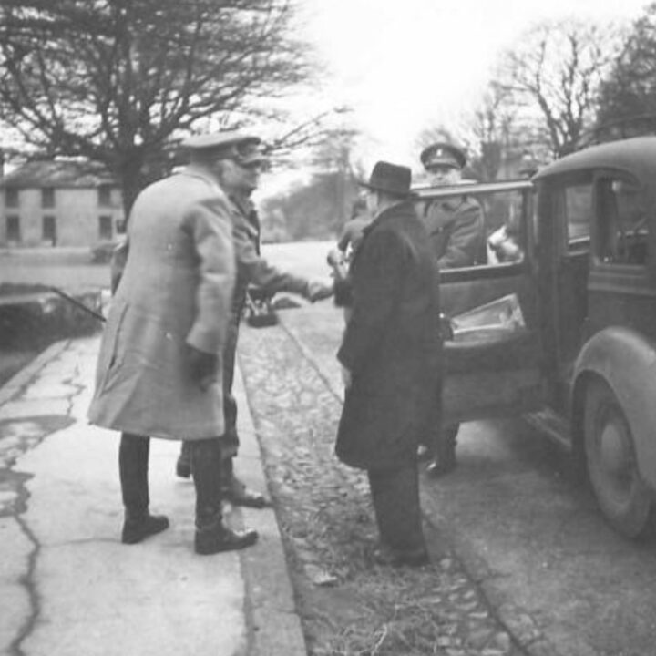 Lieutenant-Colonel W.S. Gibbons greets The Right Honourable Sir James Grigg K.C.B., K.C.S.I, P.C. (Secretary of State for War) and Lieutenant-General Sir Harold Edmund Franklyn on their arrival to a Junior Leaders’ School in Northern Ireland.
