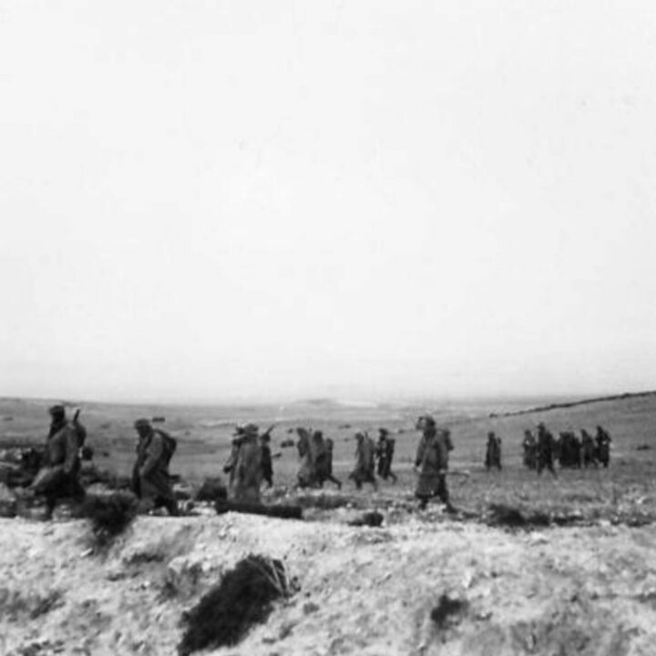 Members of 1st Battalion, Royal Irish Fusiliers move across the hill to support the remnants of 6th Battalion, Royal Inniskilling Fusiliers following the attack at Two Tree Hill, Bou Arada, Tunisia.