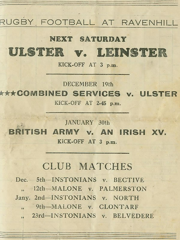 Game day programme for the first game of American football played in the European Theater of Operations in the Second World War. The game between 'Hale' and 'Yardvard' took place at Ravenhill Stadium, Belfast on 14th November 1942. The programme contained team lineups, a scorecard, and a summary of the rules for new fans in Northern Ireland.