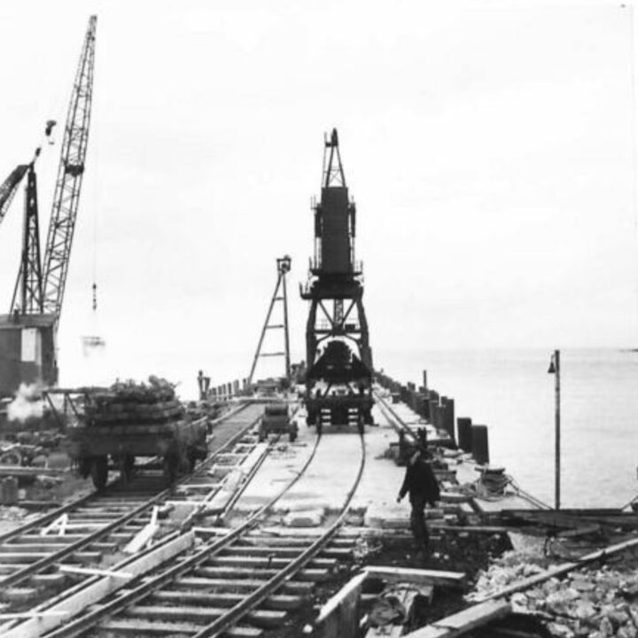 The pier looking in a southward direction showing the ongoing work at the jetty at Larne Harbour, Larne, Co. Antrim.