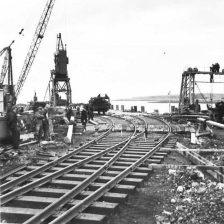 Railway lines appraching the pier showing the ongoing work at the jetty at Larne Harbour, Larne, Co. Antrim.
