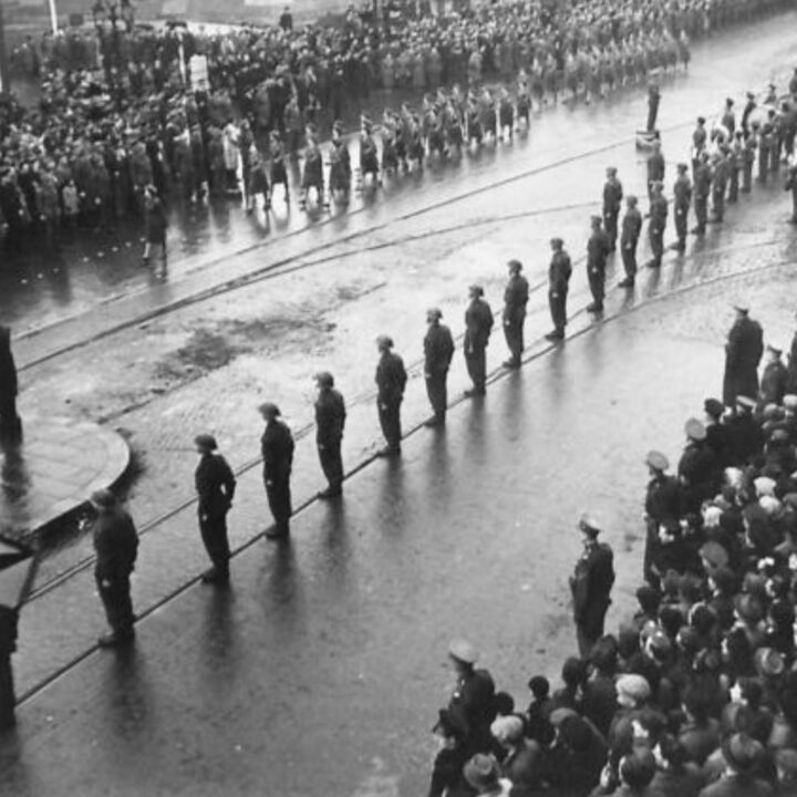 Members of the Auxiliary Territorial Service march past the saluting base during a commemorative event to mark the 25th anniversary of the establishment of the Red Army. The Duke of Abercorn (Governor of Northern Ireland) took the salute on Red Army Day 1943 at Belfast City Hall.