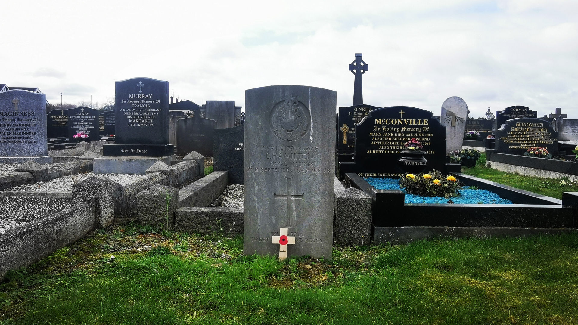 Commonwealth War Grave headstone for Marine Brian Hamilton (Royal Marines) in Holy Trinity Cemetery, Lisburn, Co. Antrim.