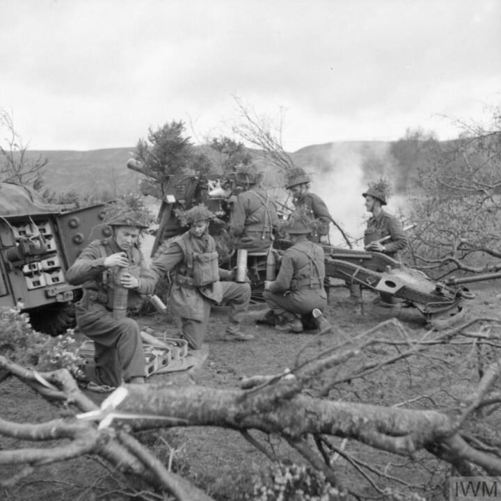 Members of 150th Field Regiment, Royal Artillery, 148th Independent Infantry Brigade with a 25-pounder gun as part of Exercise Dragoon using live ammunition in the Sperrin Mountains near Draperstown, Co. Londonderry.
