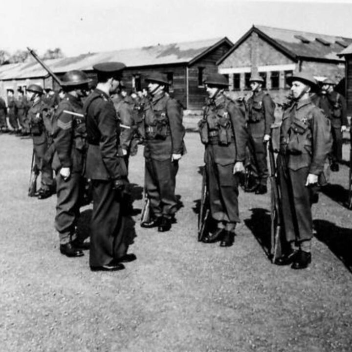 Inspection of '4-week old' recruits to the British Army's General Service Corps at No. 12 Primary Training Centre, St. Patrick's Barracks, Ballymena, Co. Antrim.
