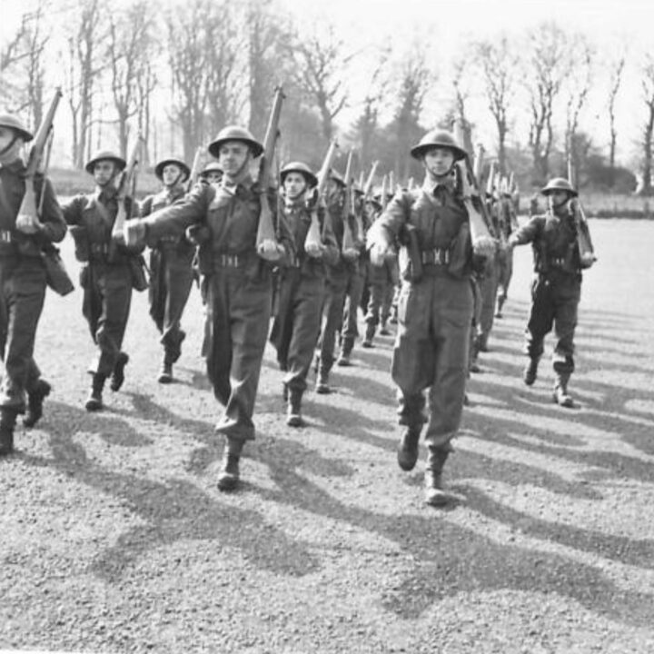 Inspection of '4-week old' recruits to the British Army's General Service Corps at No. 12 Primary Training Centre, St. Patrick's Barracks, Ballymena, Co. Antrim.
