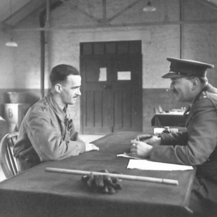 A Personal Selection Officer interviews a recruit and advises on a potential Army career during training with the British Army's General Service Corps at No. 12 Primary Training Centre, St. Patrick's Barracks, Ballymena, Co. Antrim.