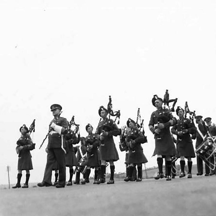 The Battalion Pipe Band marches from the parade ground following the ceremony. The event is the presentation of the St. Patrick's Day Shamrock to members of a Battalion of the Royal Irish Fusiliers at Ballykinler, Co. Down.