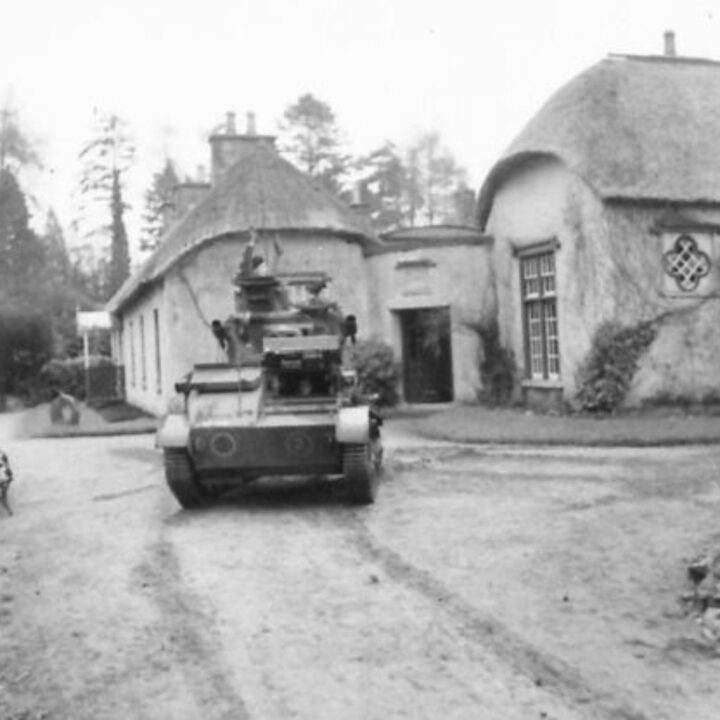 Mark VI Light Tank crew departing on a training exercise. A and B Squadron, 2nd Battalion, Fife and Forfar Yeomanry, Royal Armoured Corps attached to 53rd (Welsh) Infantry Division training at Derrymore House, Bessbrook, Co. Armagh.